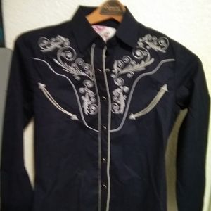 cowboy embroidered blue blouse